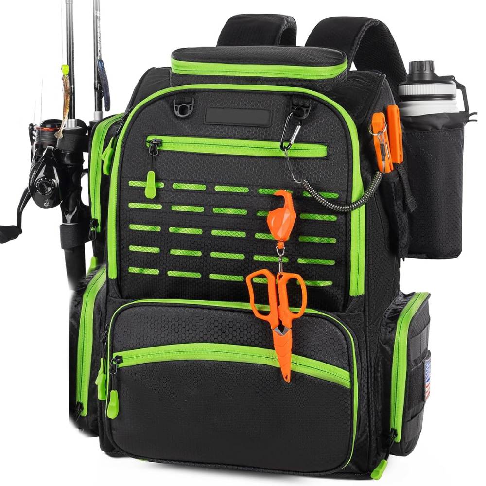 43-litre fishing tackle backpack with rod holders